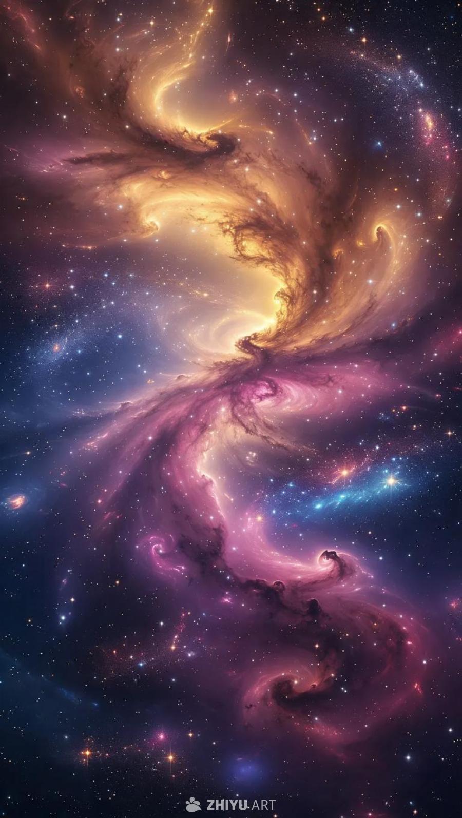 浅黄色的背景上，点缀着充满活力的棕色星星和星云。