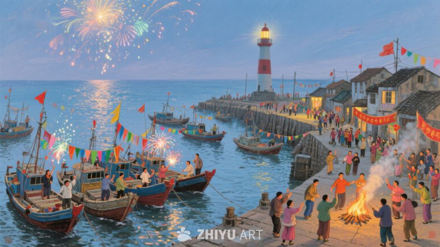 渔港夜景：烟花与欢庆 1253