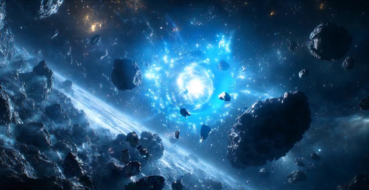 星云环绕蓝色星球，陨石漂浮太空