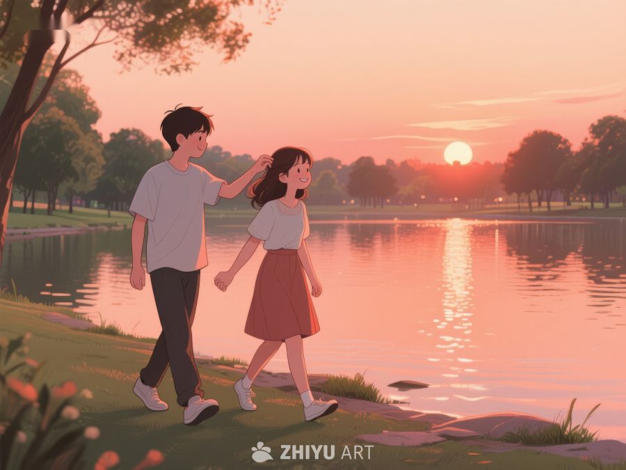 湖畔黄昏，情侣漫步 286