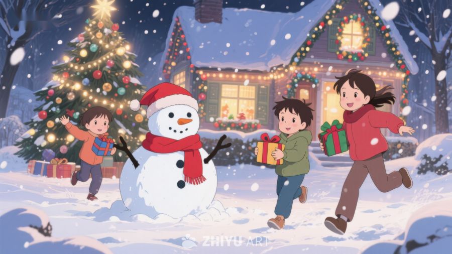 冬夜雪景中孩子们与雪人欢庆圣诞 109