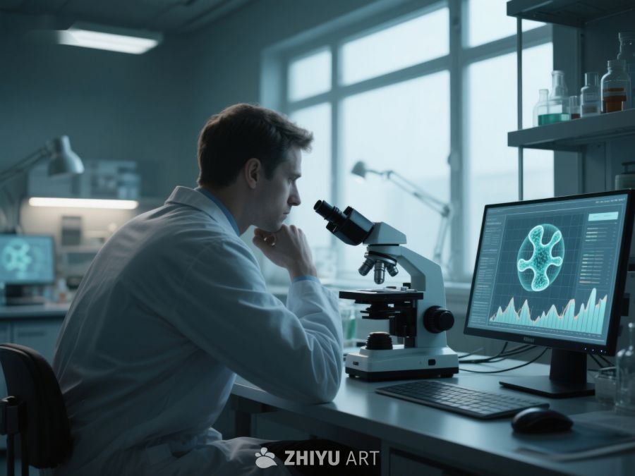 科学家在实验室使用显微镜和电脑分析样本 215