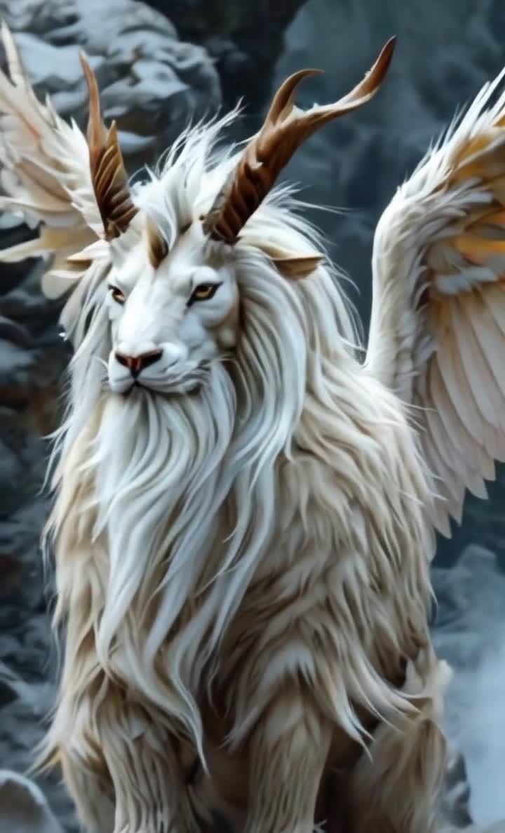白色狮面羊角带翅膀的奇幻生物