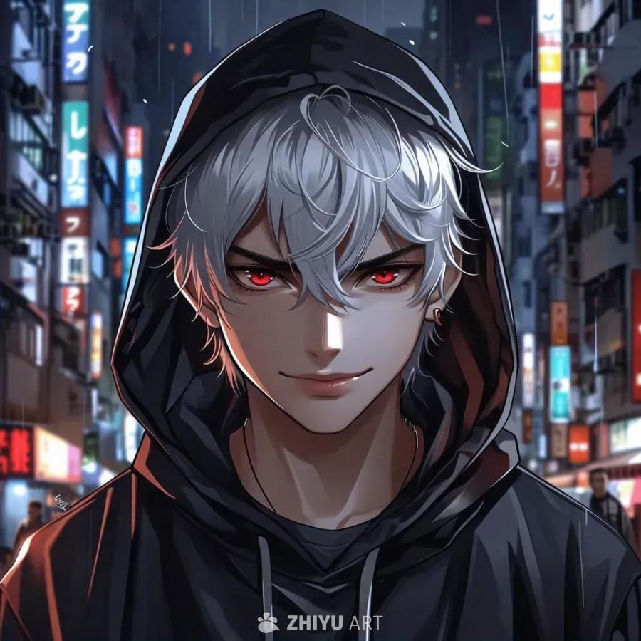 一个动漫风格的青少年，有着方形的脸，鲜红的眼睛，银