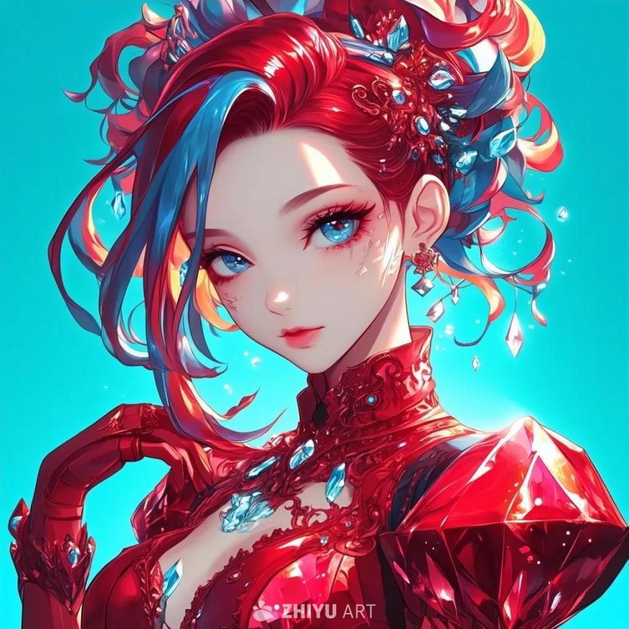 一个年轻的动漫僵尸女孩站在青色的背景前，身穿一件充