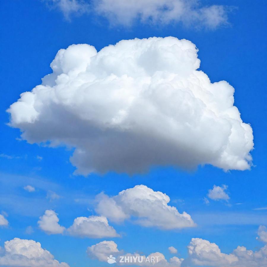 大朵蓬松的云朵漂浮在高空中，蓝色的天空背景与云朵的