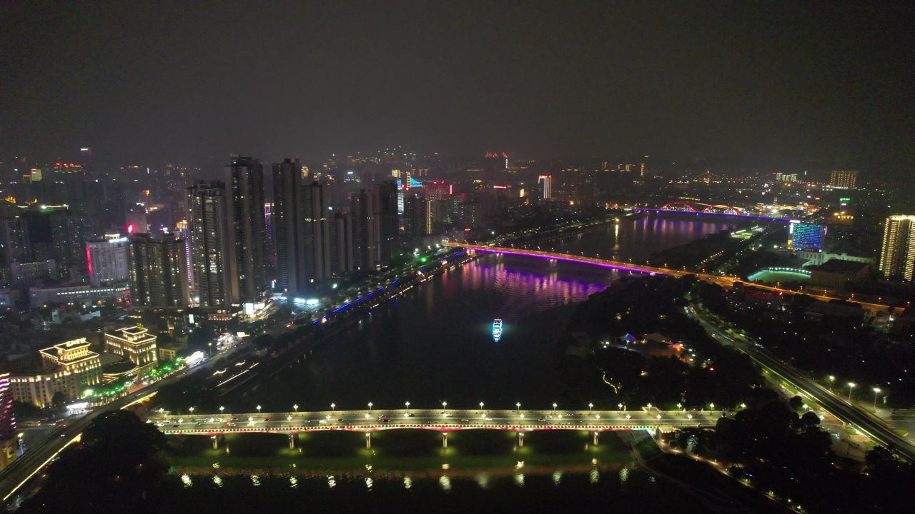 广西南宁邕江夜景灯光航拍 