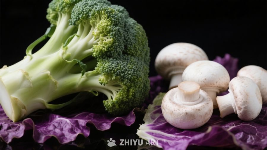 西兰花与蘑菇静物摆拍