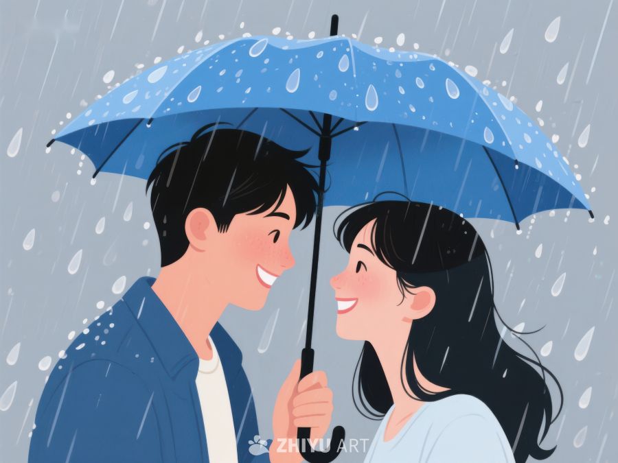 雨中情侣共撑蓝色伞 1083