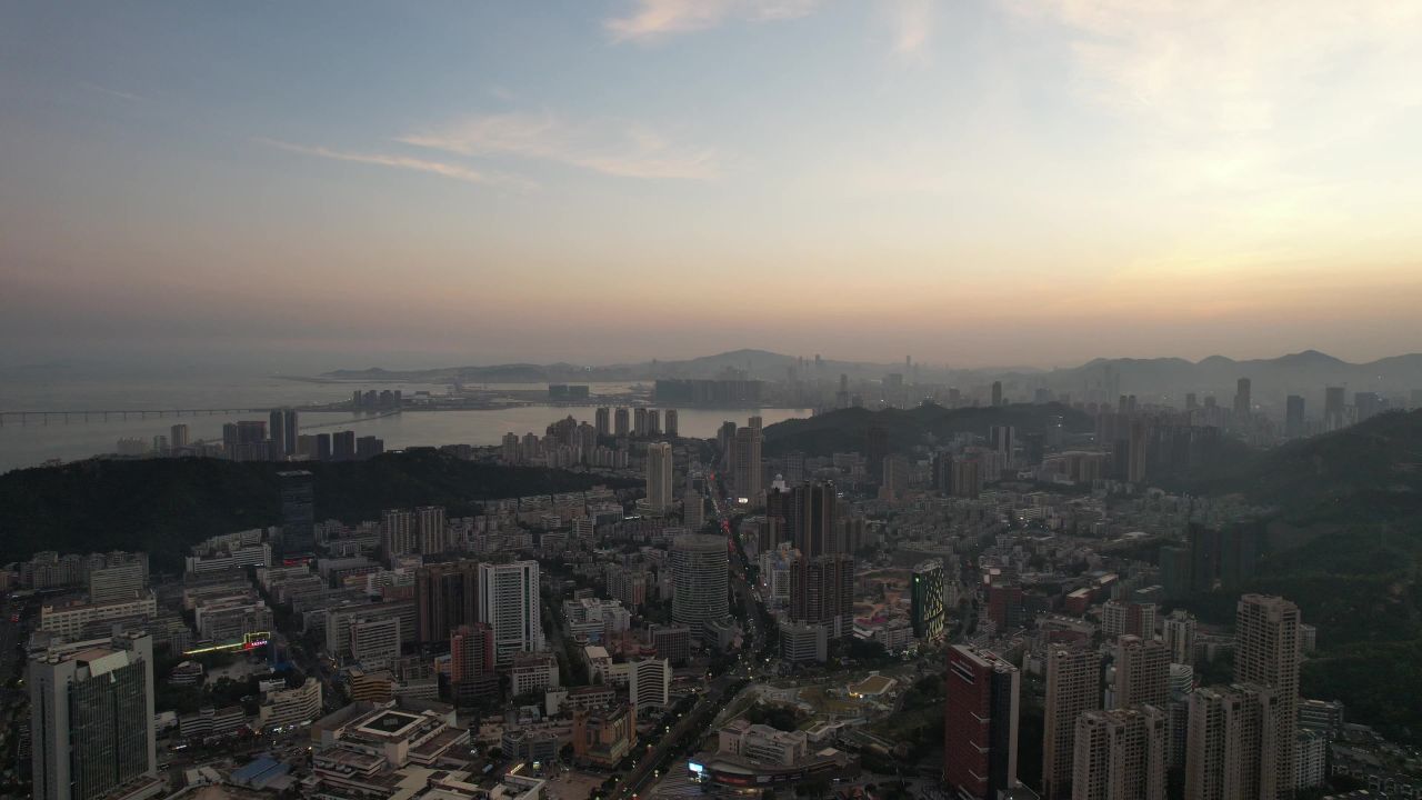  珠海日落晚霞港珠澳大桥航拍