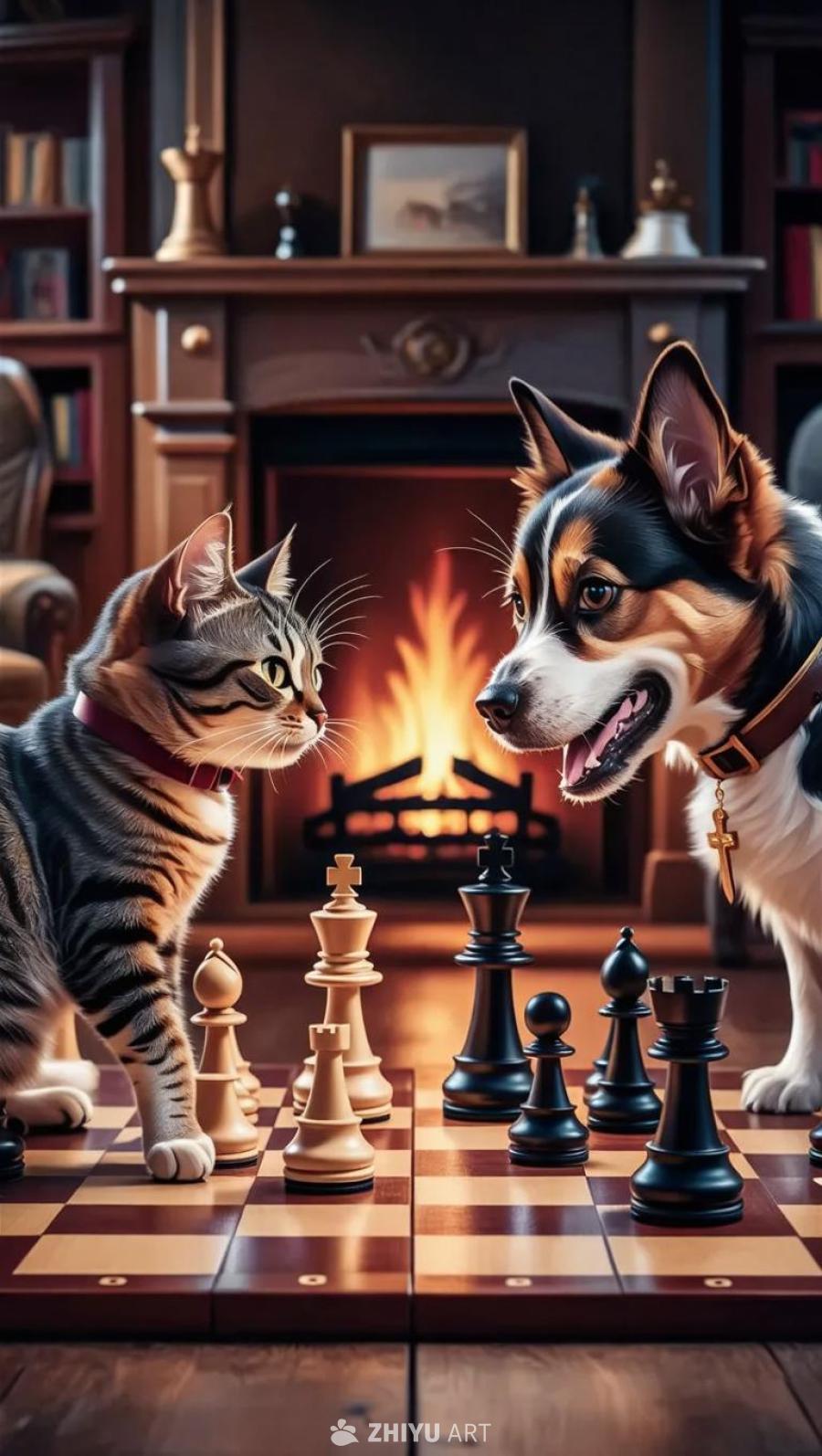 一只猫和一只狗在一张棋盘前。猫戴着红色的项圈，狗戴