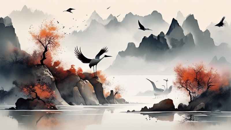国风鹤山水风景插画 65