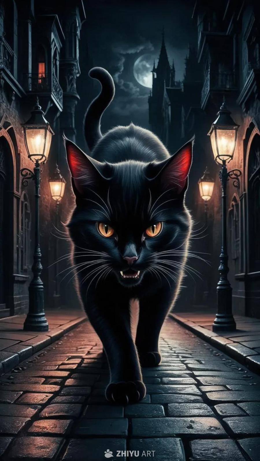 一只黑色的猫，眼睛是红色的，头上长着恶魔的角，身上
