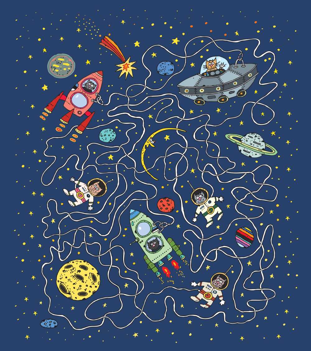猫宇宙宇航员火箭迷宫谜题谜语谜游戏儿童杂志研究天文学西装