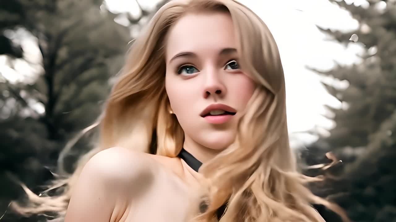 一位有着金色长发的女性，佩戴着系在前面的项圈，她注