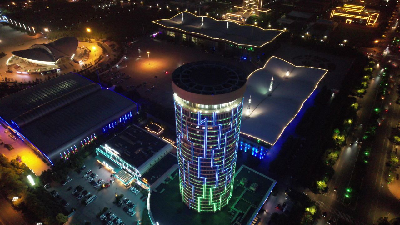 河北沧州城市夜景灯光航拍