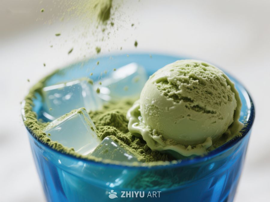 抹茶冰淇淋与冰块的清凉组合