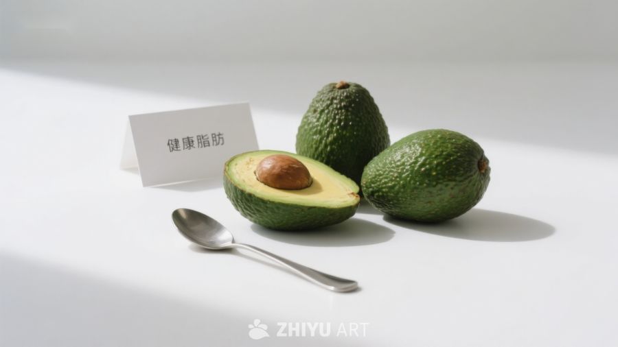 健康脂肪：鳄梨与标签的静物展示