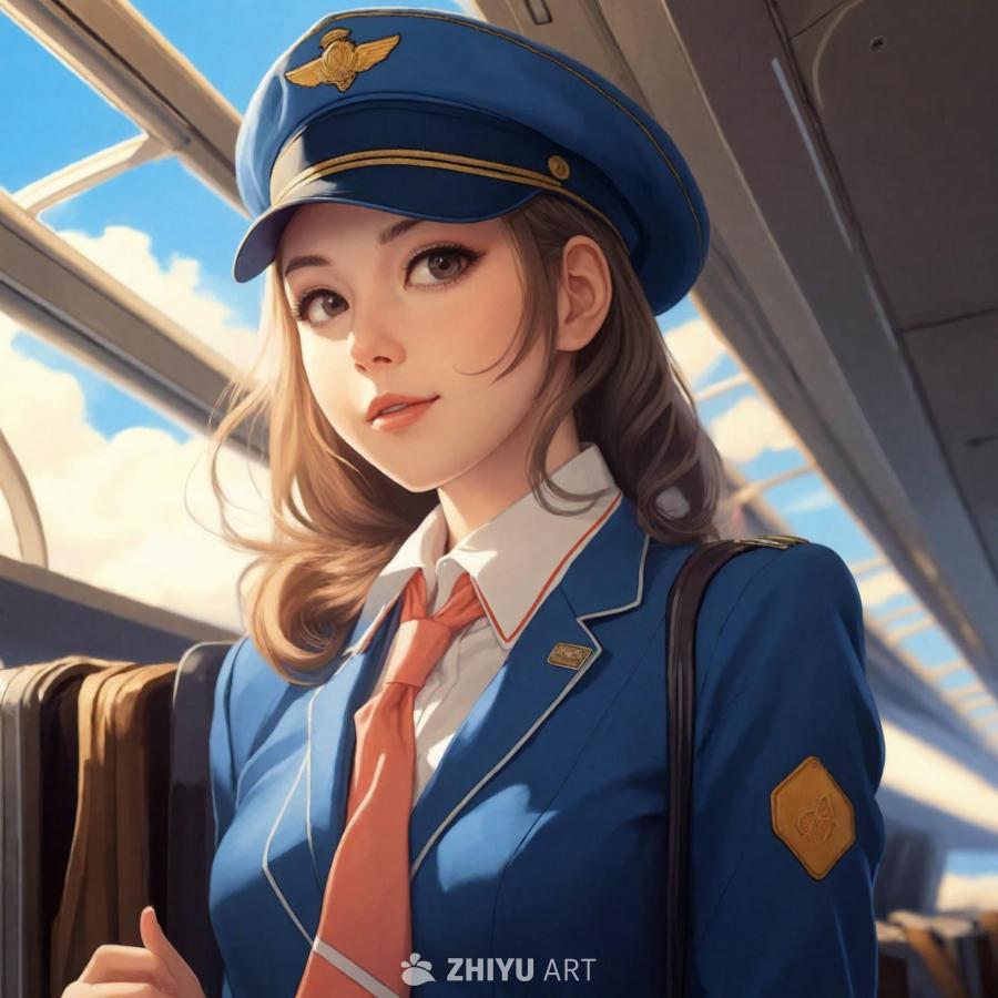 一位动漫风格的女性角色，穿着蓝色空乘制服，佩戴着金