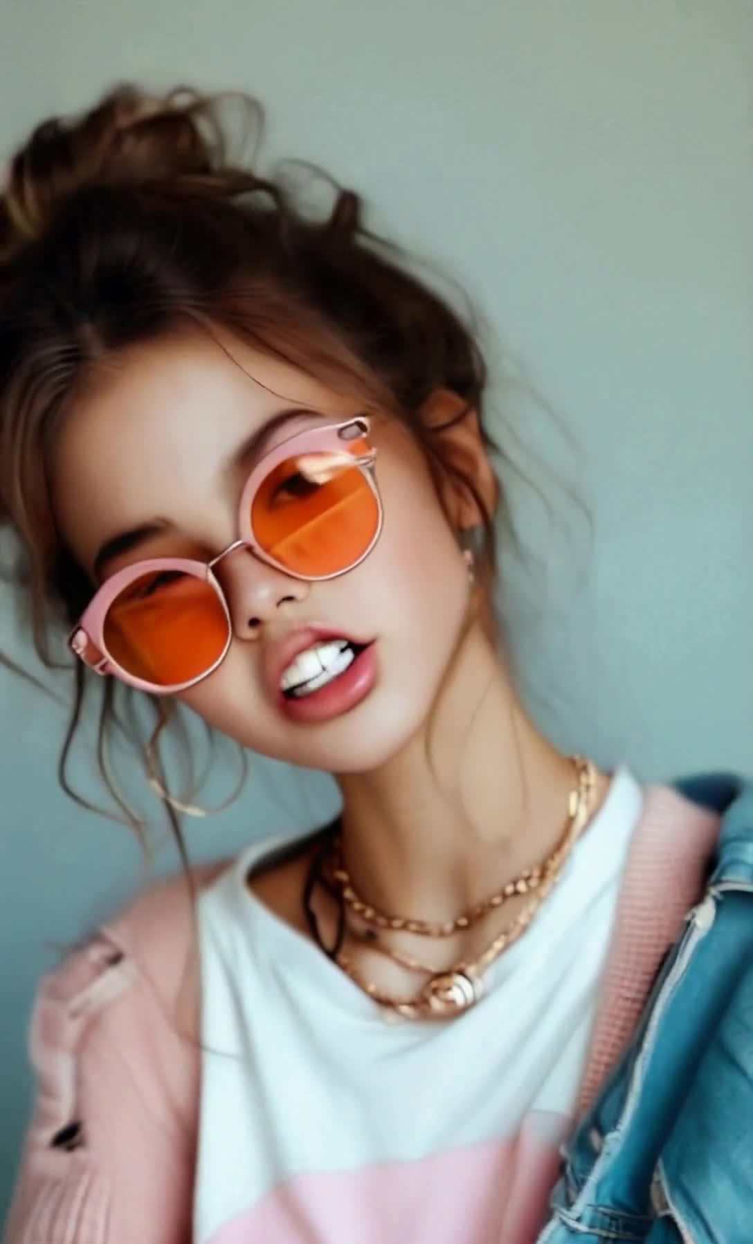 戴粉色墨镜的时尚年轻女性特写肖像