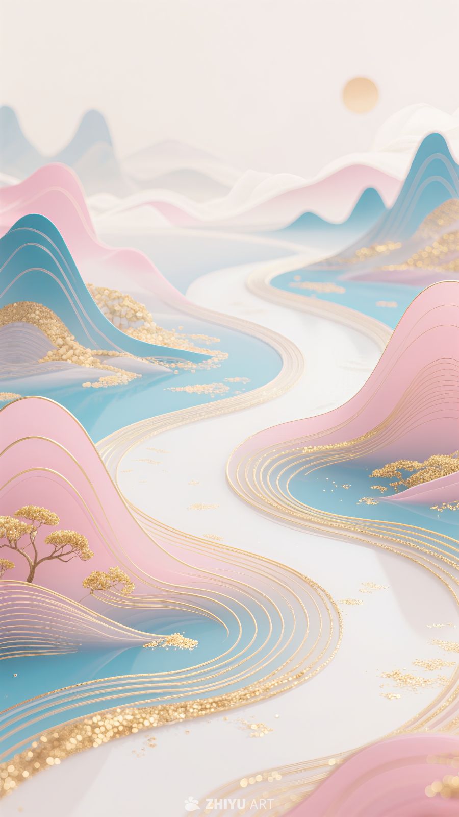 金箔中国风山水河流插画背景素材 11