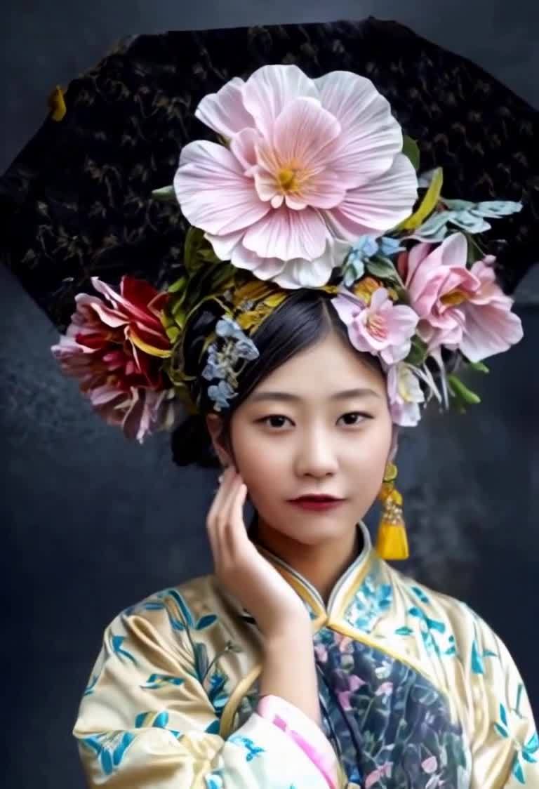 花朵头饰中式女性画像