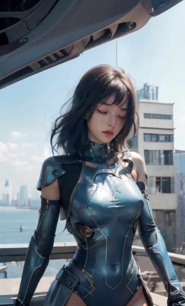一个穿着蓝色未来主义盔甲的年轻女子站在一个未来城市