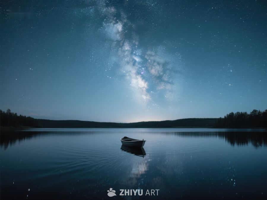 夜空银河下的静谧湖面与小舟 417