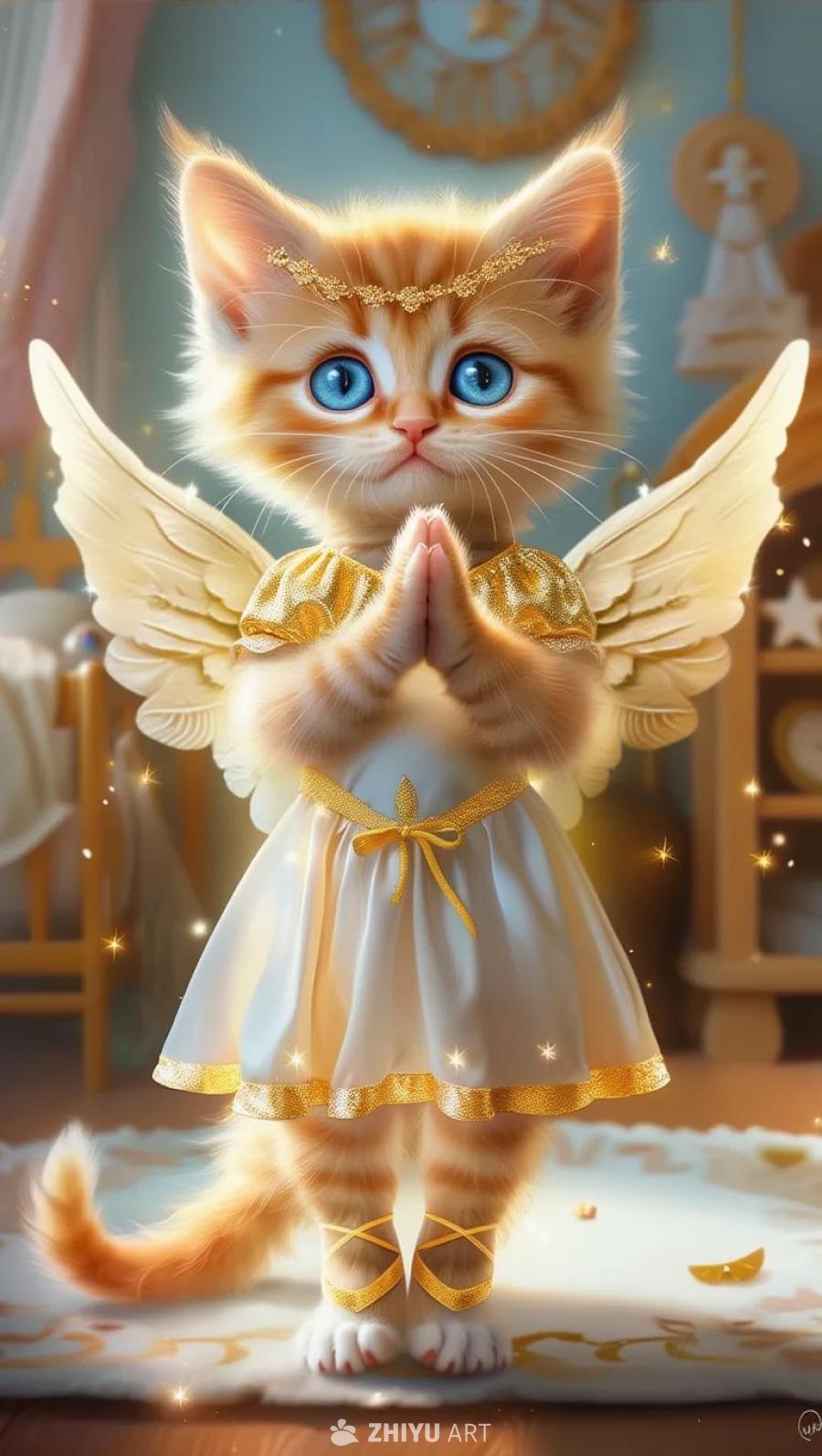 一只橙色小猫，蓝色的眼睛，长长的睫毛，脸颊上有腮红