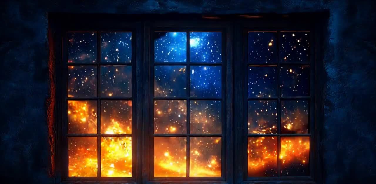 一个木框三格窗户，窗外是星空和云雾。窗户上部，星空