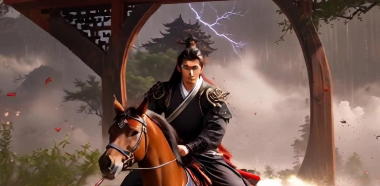 一位身着黑色盔甲的男子骑在一匹棕色的马上，手持长矛