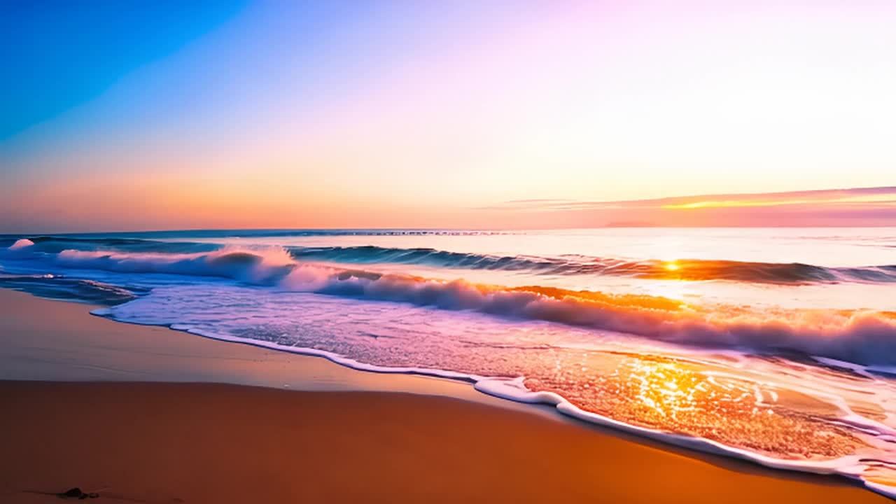 日落时分的宁静海滩，柔和的海浪轻拍着沙滩。温暖的阳