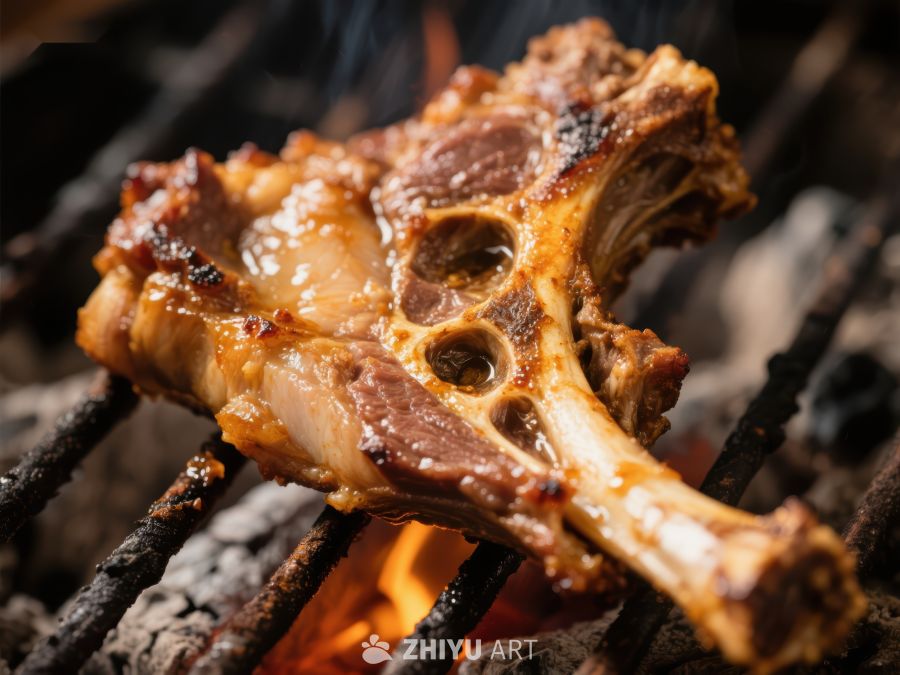 烤羊排在火焰上的特写