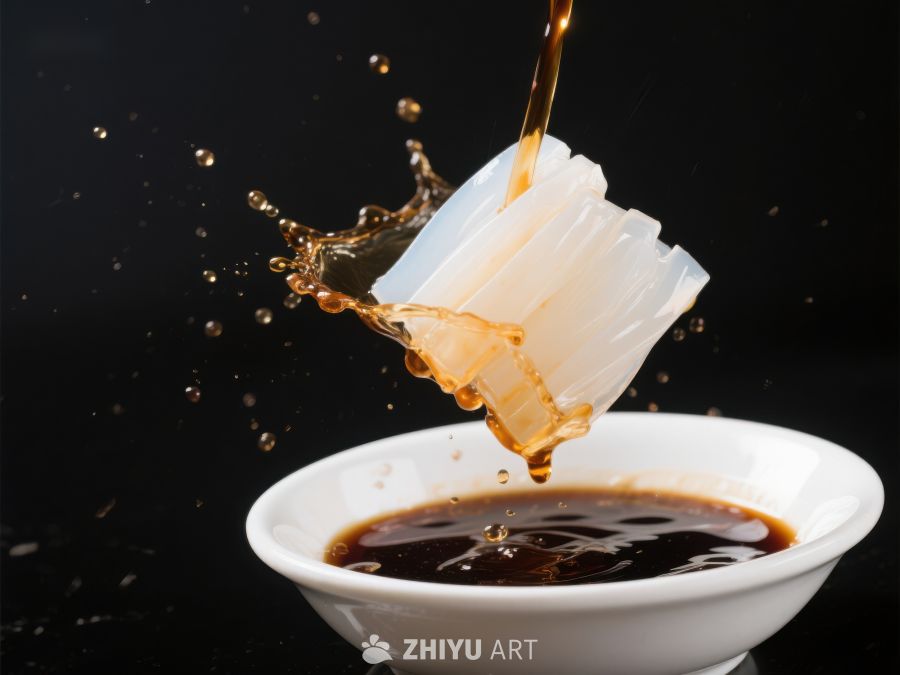 酱汁淋在透明食材上，溅起诱人光泽 396