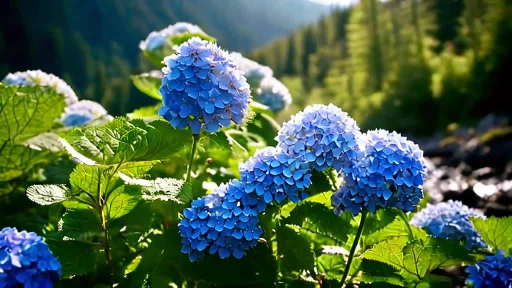 蓝色和白色的绣球花丛，位于树木繁茂的山坡上。背景是