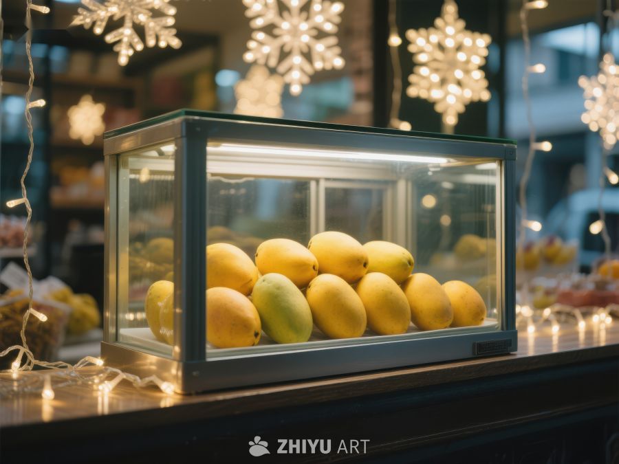 透明展示柜中的芒果与节日装饰 614