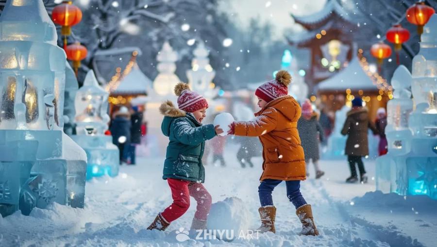 冰雪节上，两个孩子在玩雪仗。一个孩子穿着绿色外套和
