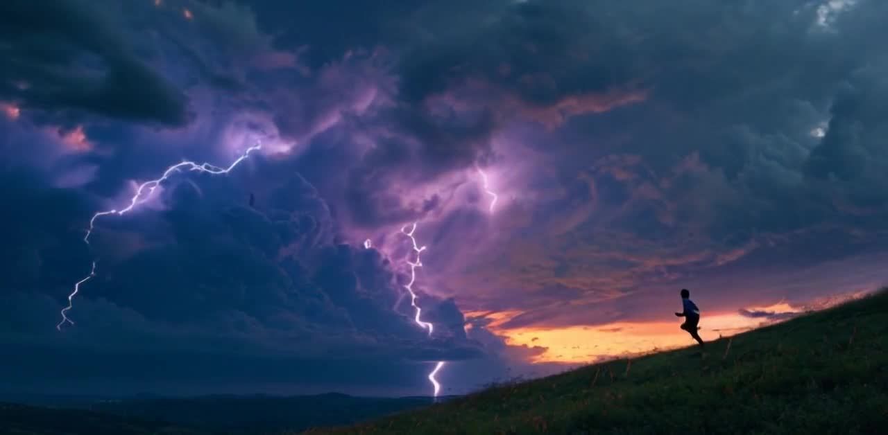 雷雨夜奔跑者：乌云闪电下的山坡身影