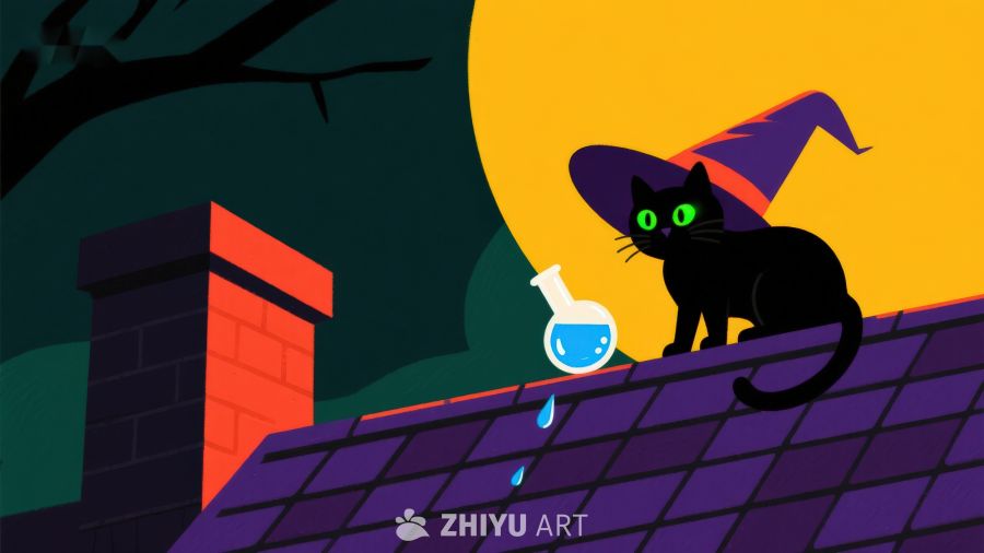 屋顶上的黑猫与魔法瓶