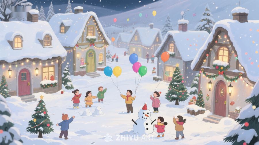 雪地村庄中的欢乐圣诞场景 354
