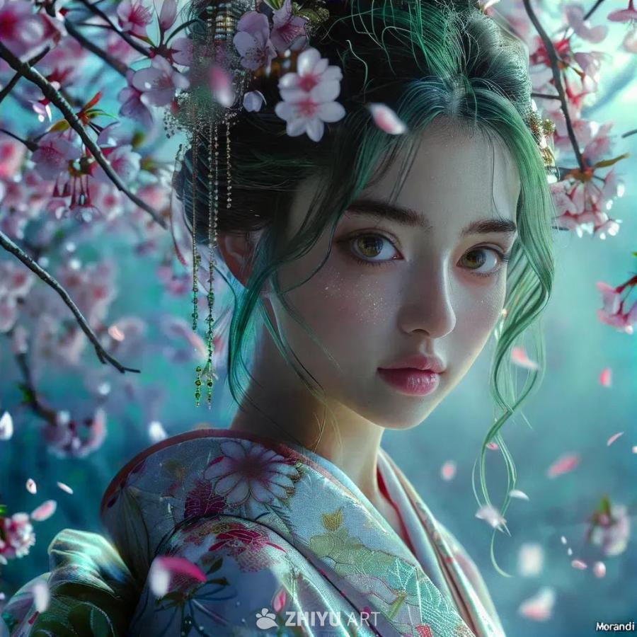 一位身穿精致丝绸和服的日本少女站在月光花园中，周围