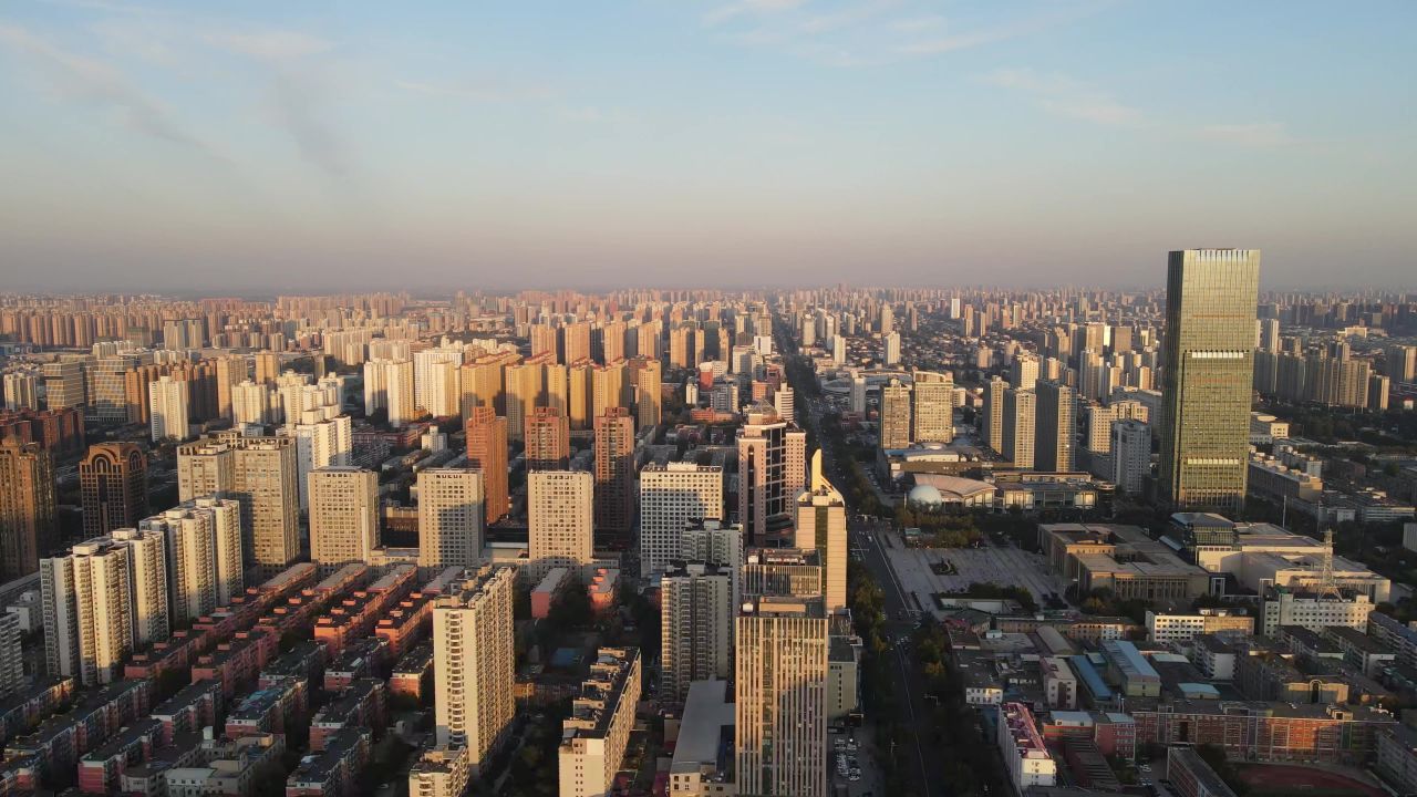 夕阳 晚霞中的 石家庄  城市风光 航拍 