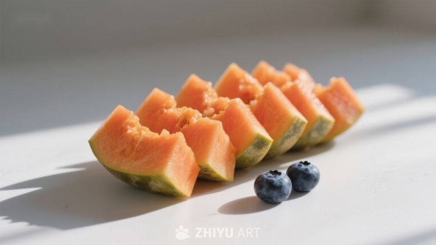 切片哈密瓜与蓝莓静物图