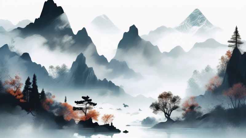 国风水彩画山水风景插画 58