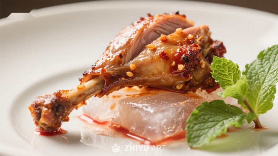 香酥鸭腿配薄荷装饰