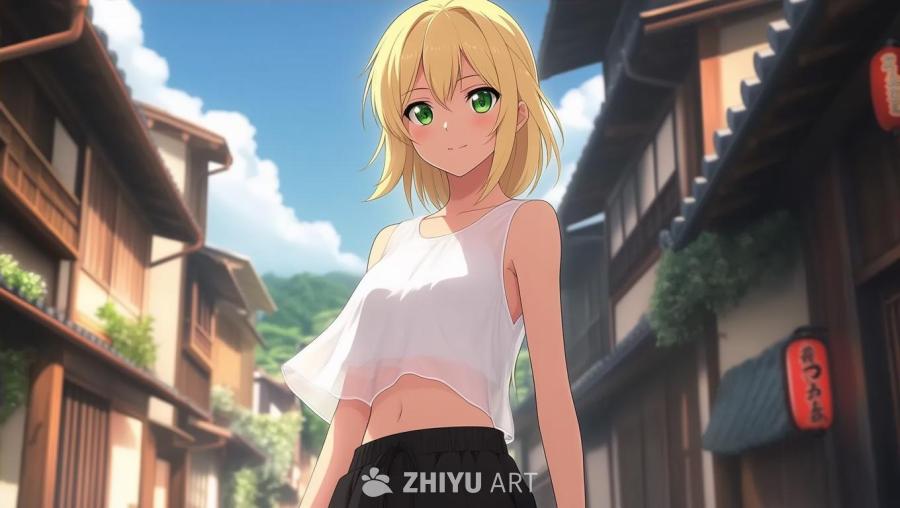 一位金发绿眼的女孩，身穿白色无袖透明露脐上衣和黑色