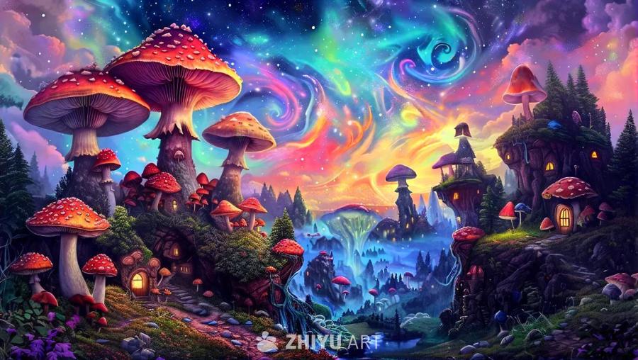 一个奇特的山谷里，遍布着巨大的蘑菇和蘑菇屋，沐浴在