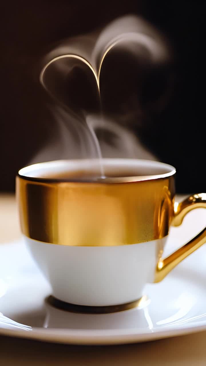 一个带有金色边缘的杯子放在一个白色的碟子上，杯子里