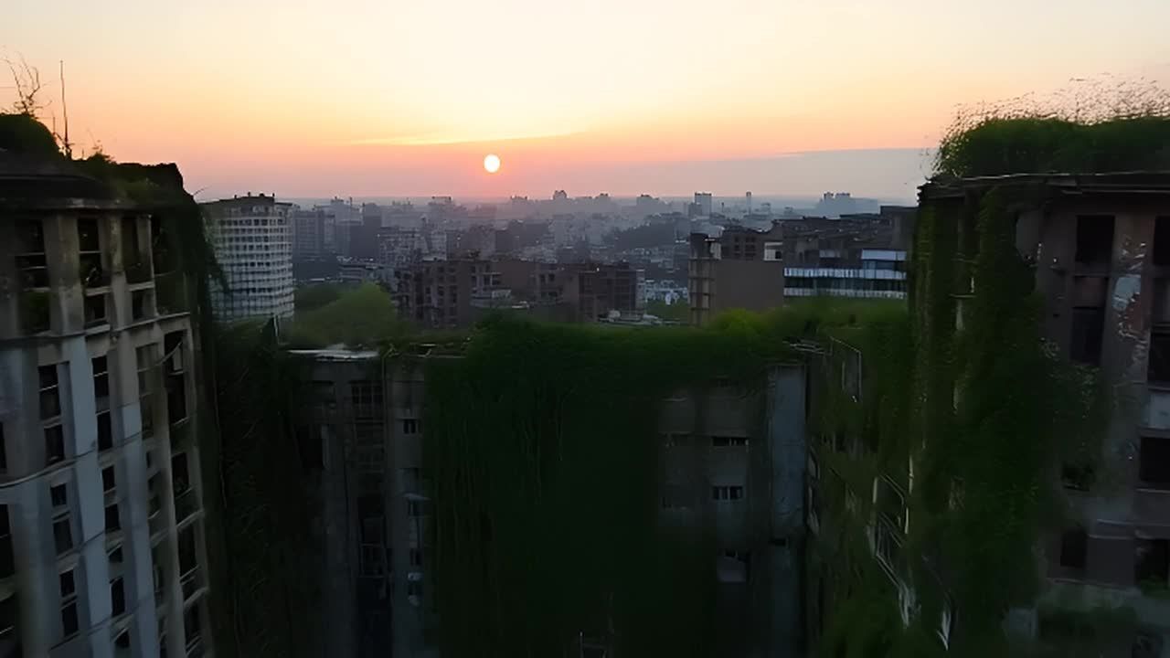 废弃的城市景观，建筑物残破不堪，被藤蔓和其他植被所