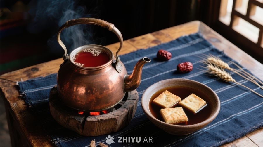 铜壶热茶与糕点的温馨场景